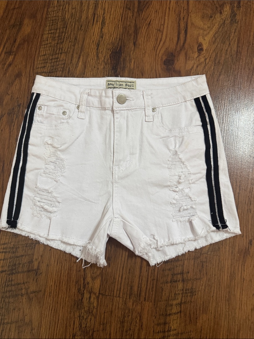 American Bazi White Distressed Denim Shorts with Black Side Stripes 18.T - Picture 1 of 4